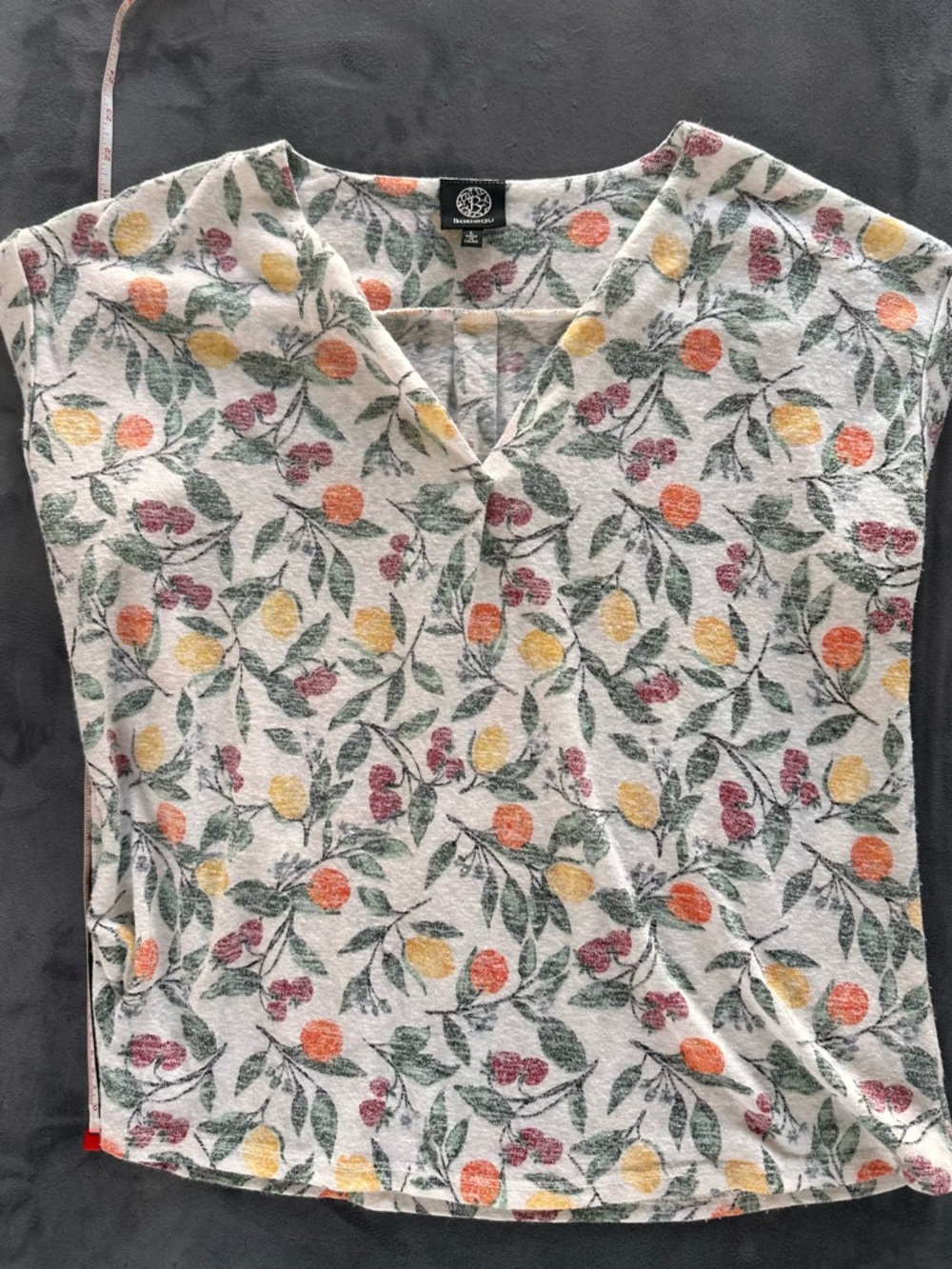 bobeau White V-Neck Tunic with Fruit & Leaf Print